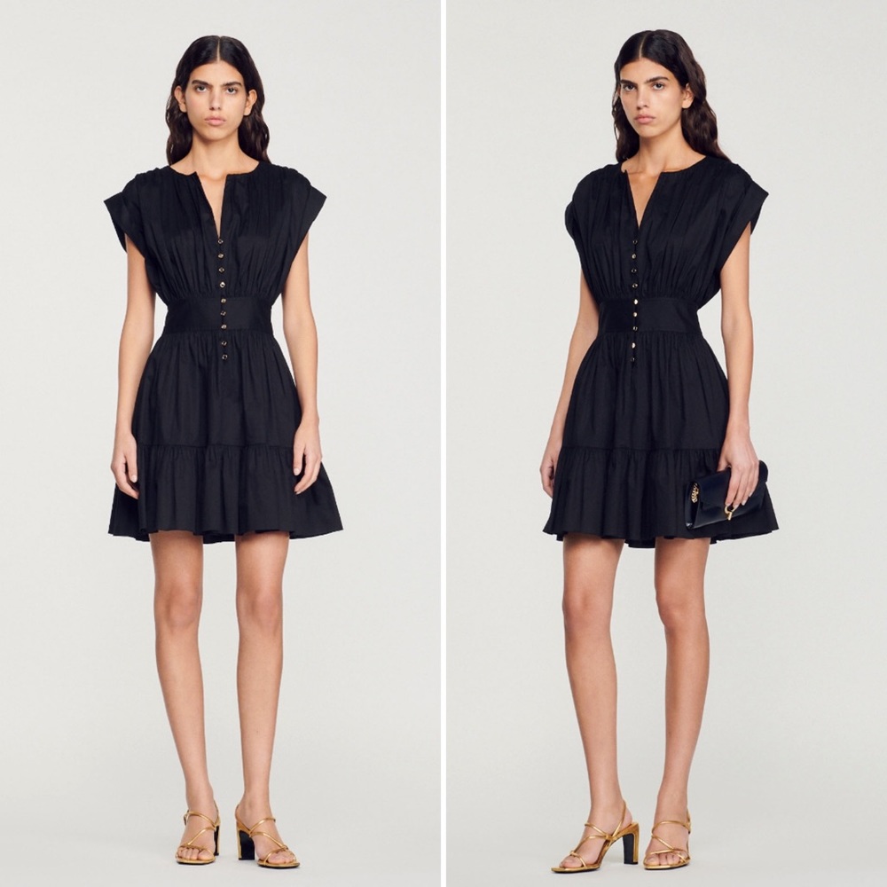 NWT Sandro Short Gathered Dress Black with Gold Buttons Organic Cotton